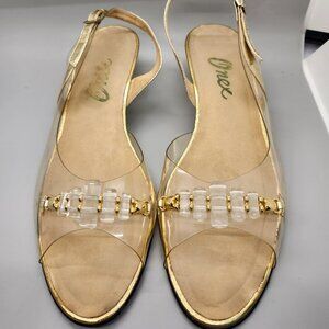 Onex Vintage 1960s Gold Metallic & Clear Wedge Heel Sandal RARE